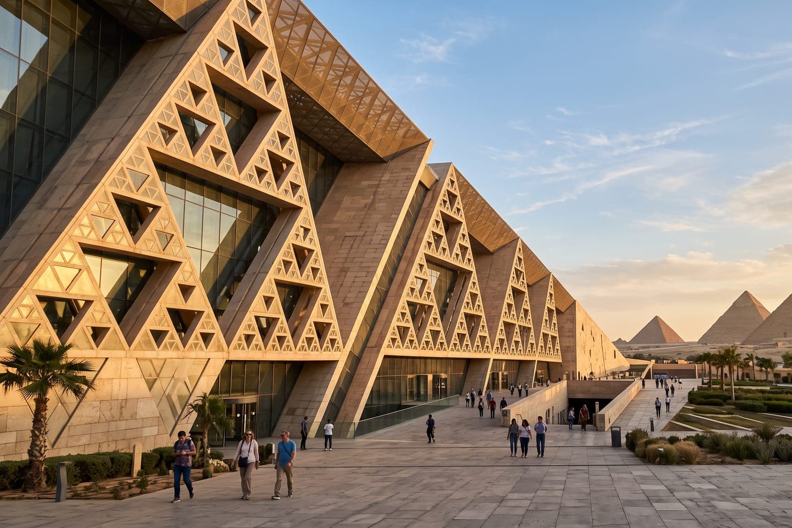 Vue combinée des pyramides de Gizeh et de la façade du Grand Musée Égyptien