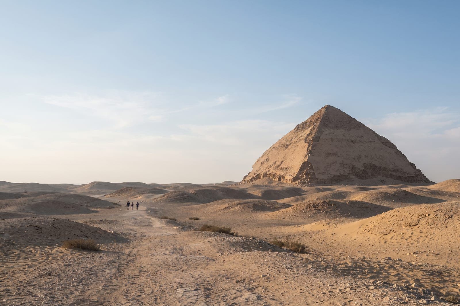Wide view of the Giza pyramids from the desert in late morning