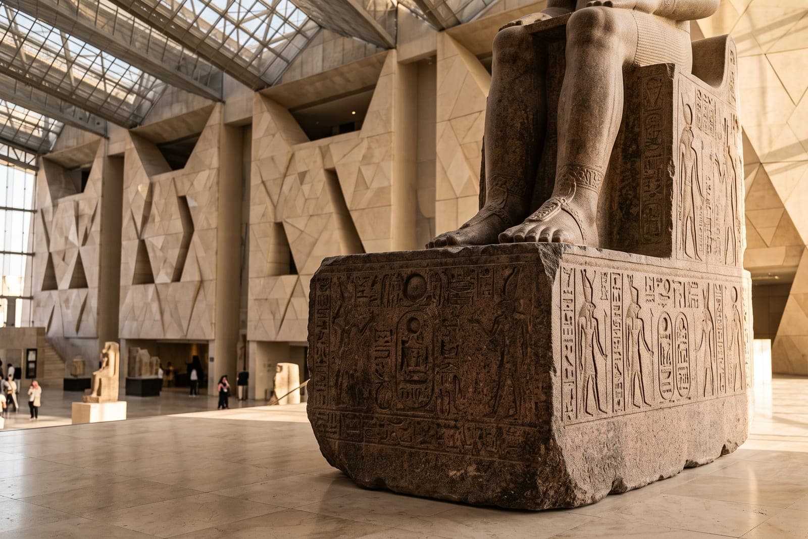 Masque et objets du trésor de Toutânkhamon exposés dans les galeries du GEM