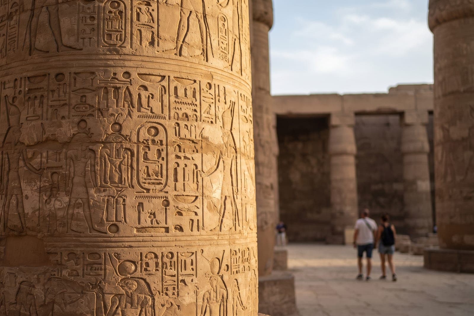 Pylône et cour de Ramsès II au temple de Louxor au coucher du soleil