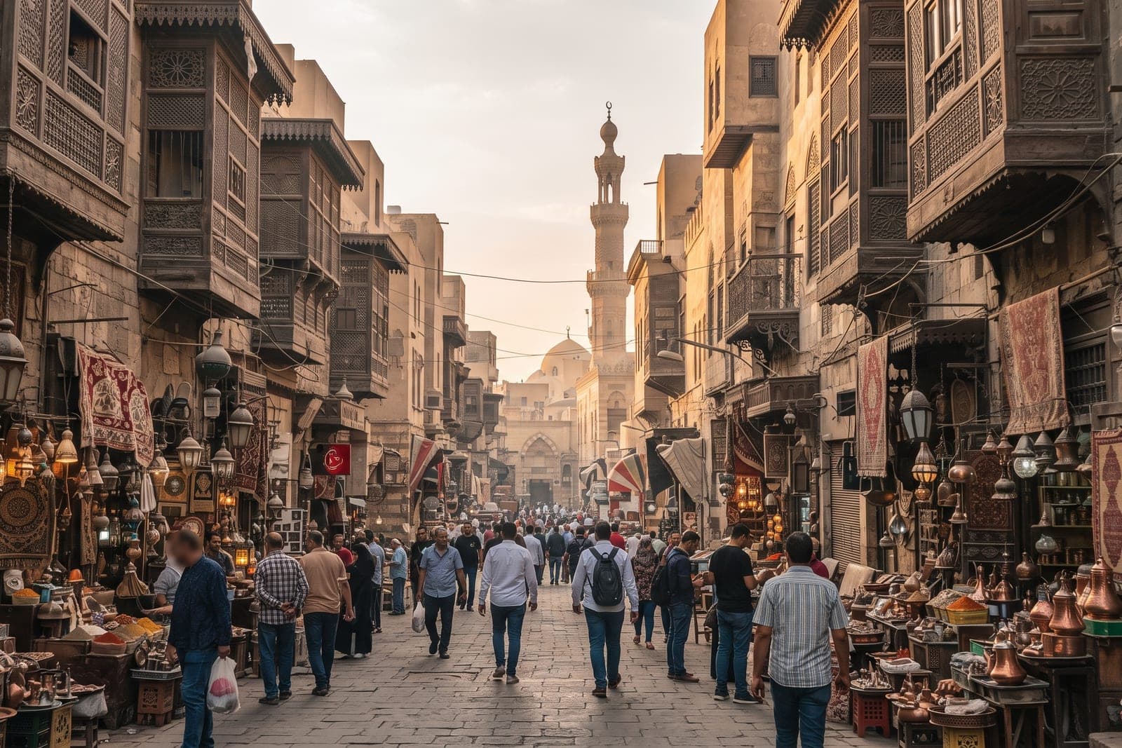 Ruelle animée du bazar de Khan el-Khalili avec ses lanternes et échoppes traditionnelles