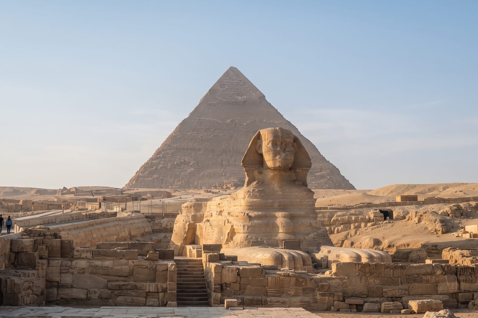 Les trois pyramides de Gizeh vues depuis le plateau désertique