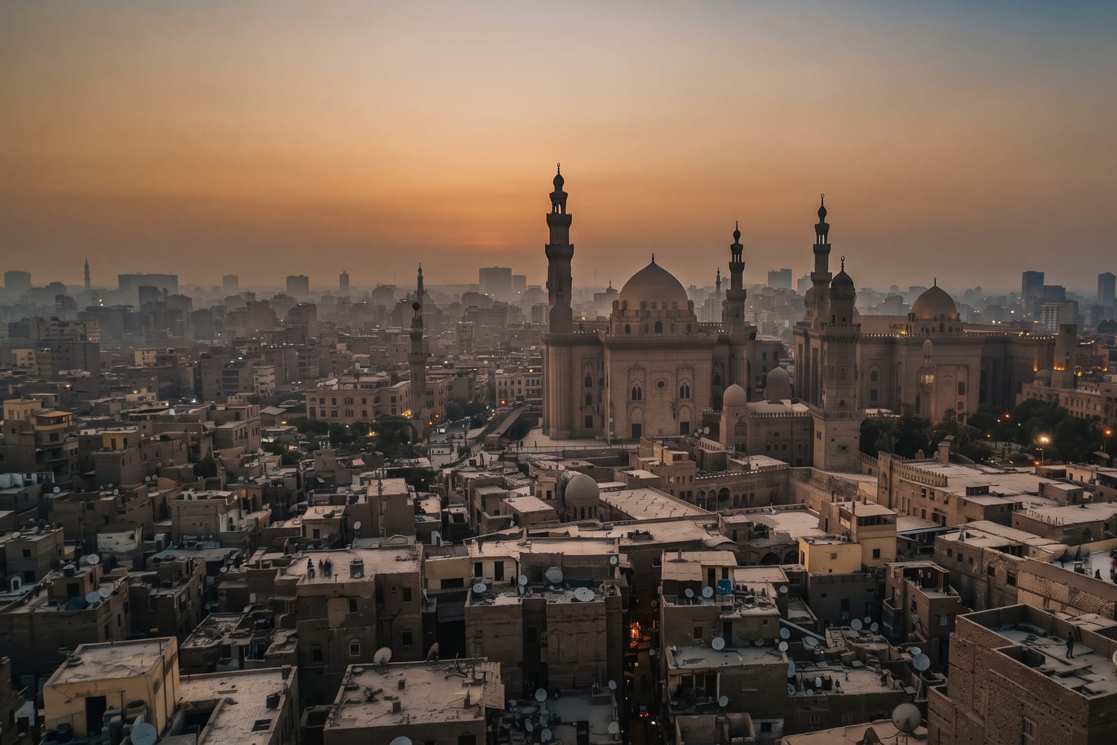 Vue panoramique du Caire au coucher du soleil, avec le Nil et les minarets de la ville