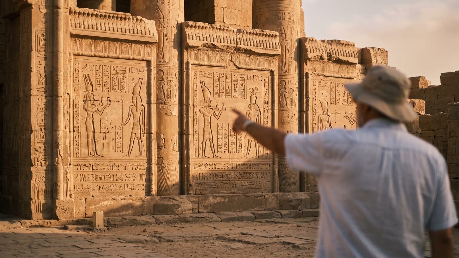 Guide égyptologue expliquant des hiéroglyphes à un visiteur